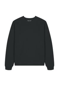 Sudadera negra de mezcla de algodón, con cuello redondo, mangas largas, puños y dobladillo de canalé, con una textura suave y mate.