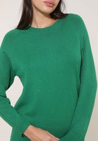 Pull vert avec un col rond côtelé, des manches raglan longues et une texture en tricot douce. Aucun motif ou détail en métal visible.