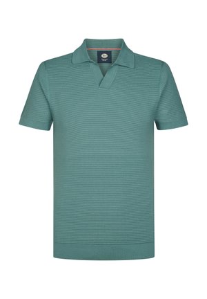 Kurzärmeliges Poloshirt in Türkis mit strukturiertem Strickmuster, klassischem Kragen und gerippten Bündchen. Leichtes, atmungsaktives Material.