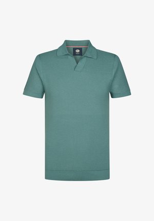 Kurzärmeliges Poloshirt in Türkis mit strukturiertem Strickmuster, klassischem Kragen und gerippten Bündchen. Leichtes, atmungsaktives Material.