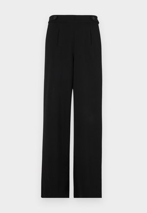 Black wide-leg trousers featuring a flat front, two buttons at the waist, and a smooth fabric texture. Tailored fit with pleats for shape.