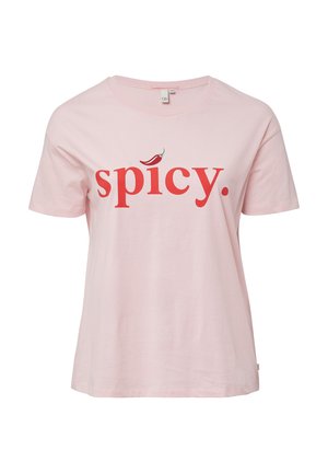 Rosafarbenes Baumwoll-T-Shirt mit kurzen Ärmeln und dem Wort "spicy" in Rot, darüber ein kleiner Chili. Lässig und entspannte Passform.