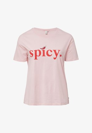 Roze katoen t-shirt met korte mouwen en het woord "spicy" in het rood, met daarboven een kleine chilipeper. Casual, ontspannen pasvorm.