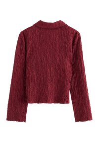 Bordeaux langærmet top med tekstureret stof, krave og boxy pasform. Overfladen har et krøllet udseende, der giver et unikt detaljer.