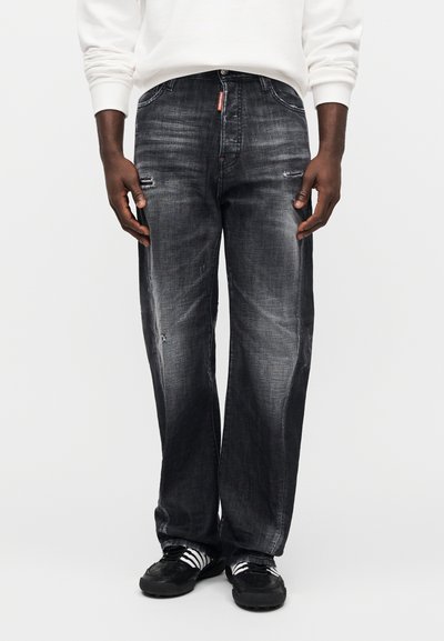 Dark grey wide-leg denim jeans with faded texture, distressed accents, five-pocket design, and a button-fly front.