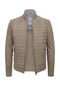 Beige Jacke mit gestepptem Textur im oberen Bereich und glattem Stoff im unteren Bereich; mit geripptem Kragen, Bündchen und Reißverschlusstaschen.