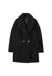 Manteau noir texturé avec un grand col, double boutonnage et deux poches avant. Présente un matériau doux et pelucheux pour la chaleur.