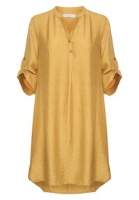 Senfgelbes Tunika-Kleid mit strukturierter Oberfläche, rundem Halsausschnitt und drei Viertel-Ärmeln, die aufgerollt sind. Verfügt über eine Knopfleiste an der Vorderseite.