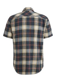 Chemise à manches courtes en tartan avec un schéma de couleurs marine, beige et orange, dotée d'un col boutonné et d'un ourlet arrondi. Tissu texturé.