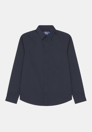 Chemise pour homme à manches longues bleu marine avec col et boutons, présentée à plat sur fond blanc.