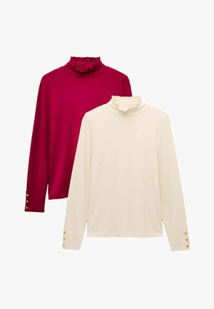 Dvě dlouhé roláky, jeden v barvě burgundy a druhý v krémové, mají volány na límcu a knoflíkovou výzdobu na manžetách. Měkká textura látky.