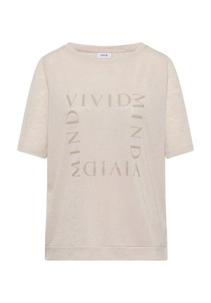 T-shirt beige a maniche corte con scollo rotondo e design di testo lucido con la scritta "VIVID MIND" disposta a quadrato sul davanti.