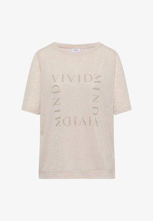 T-shirt beige a maniche corte con scollo rotondo e design di testo lucido con la scritta "VIVID MIND" disposta a quadrato sul davanti.