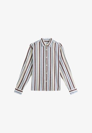 Chemise à manches longues avec boutons, rayures verticales blanches, marron et bleues, dotée d'un col classique et de poignets boutonnés.
