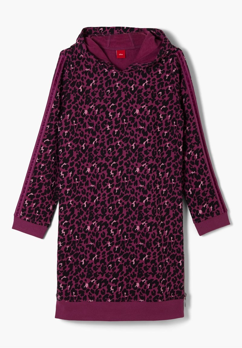 Robe longue à manches longues à capuche violette avec imprimé léopard noir et rose et bandes latérales et poignets roses.