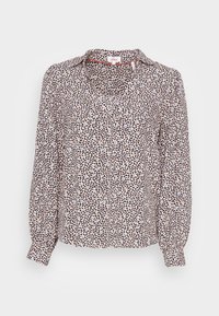Lange mouw blouse van lichtgewicht stof met een luipaardprint in bruin, crème en rood, met een v-hals en gathered mouwen.