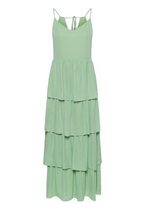 Ærmeløs maxi-kjole i lys grøn med lag på lag design, tynde stropper og bindebånd på nakken, med V-formet udskæring foran.