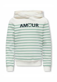 Sudadera con capucha de rayas verdes y blancas con un bolsillo tipo canguro en la parte delantera, que presenta la palabra "AMOUR" en azul marino con un detalle de corazón. Tejido de mezcla de algodón.