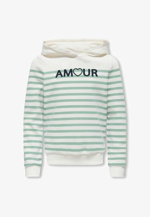 Sweat à capuche rayé vert et blanc avec une poche kangourou à l'avant, arborant le mot « AMOUR » en bleu marine avec un accent en forme de cœur. Tissu en mélange de coton.