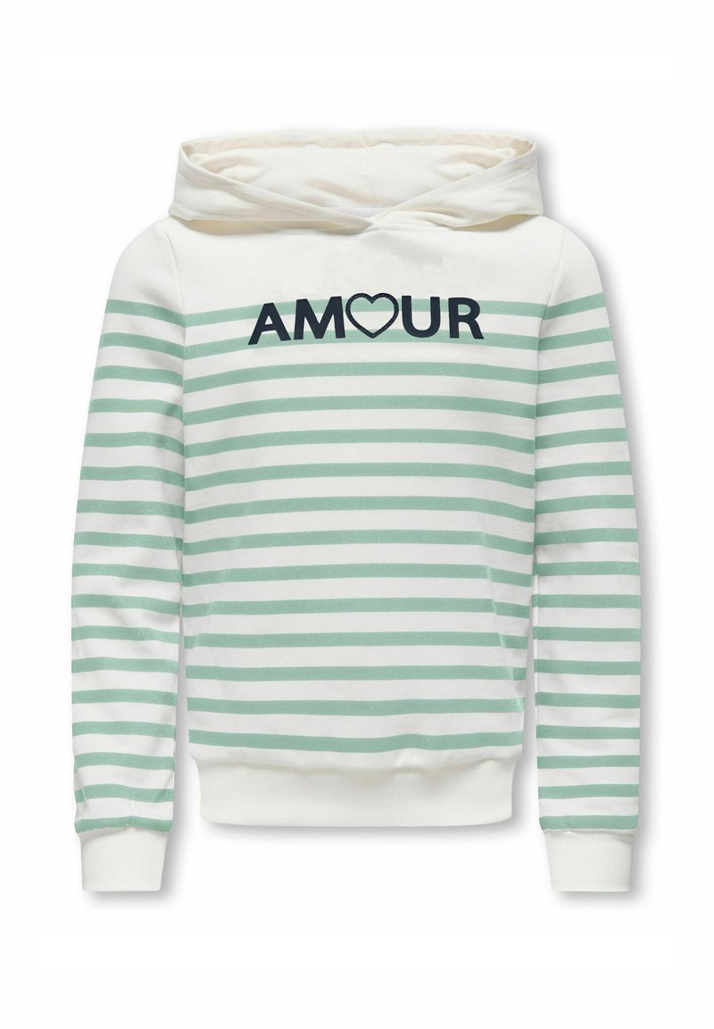Sudadera con capucha de rayas verdes y blancas con un bolsillo tipo canguro en la parte delantera, que presenta la palabra "AMOUR" en azul marino con un detalle de corazón. Tejido de mezcla de algodón.