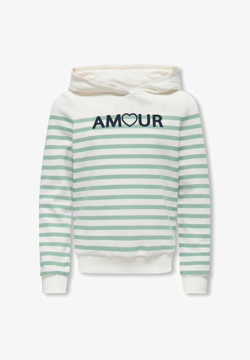 Sweat à capuche rayé vert et blanc avec une poche kangourou à l'avant, arborant le mot « AMOUR » en bleu marine avec un accent en forme de cœur. Tissu en mélange de coton.