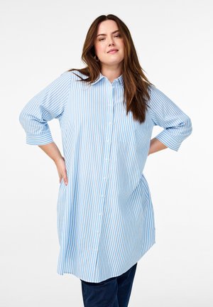 Light blue and white striped long shirt with a button front, collar, and 3/4 sleeves, made from a smooth fabric with a loose fit.