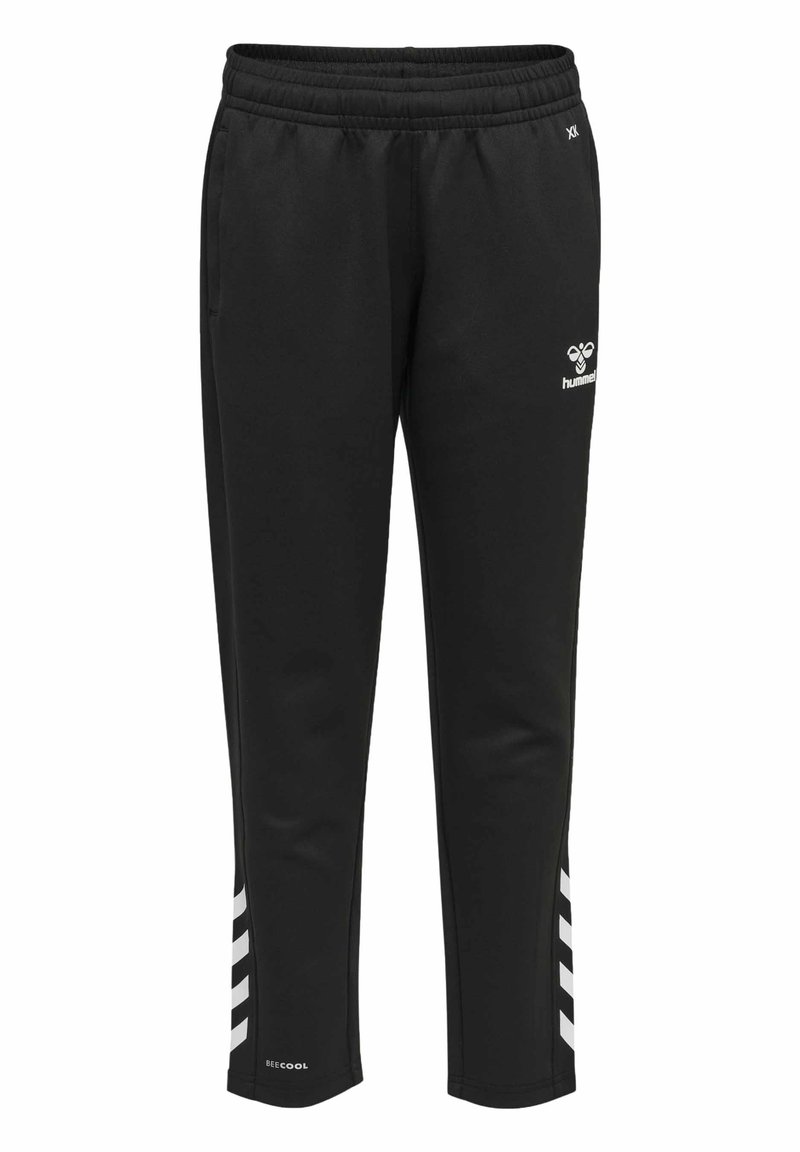 Zwarte sportbroek met een elastische tailleband, voorzien van witte zijstreep en een logo aan de voorkant. Gemaakt van een lichtgewicht, glad materiaal.