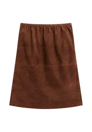 Brun ruskindnederdel med elastisk talje, A-formet snit, glat tekstur og ingen synlige mønstre eller metalbeslag.