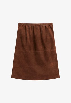 Brun ruskindnederdel med elastisk talje, A-formet snit, glat tekstur og ingen synlige mønstre eller metalbeslag.