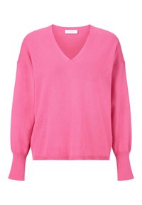 V-Ausschnitt Pullover in leuchtendem Pink, aus weichem Strickstoff gefertigt. Verfügt über lange Ärmel mit eng anliegenden, gerippten Bündchen und eine entspannte Passform.