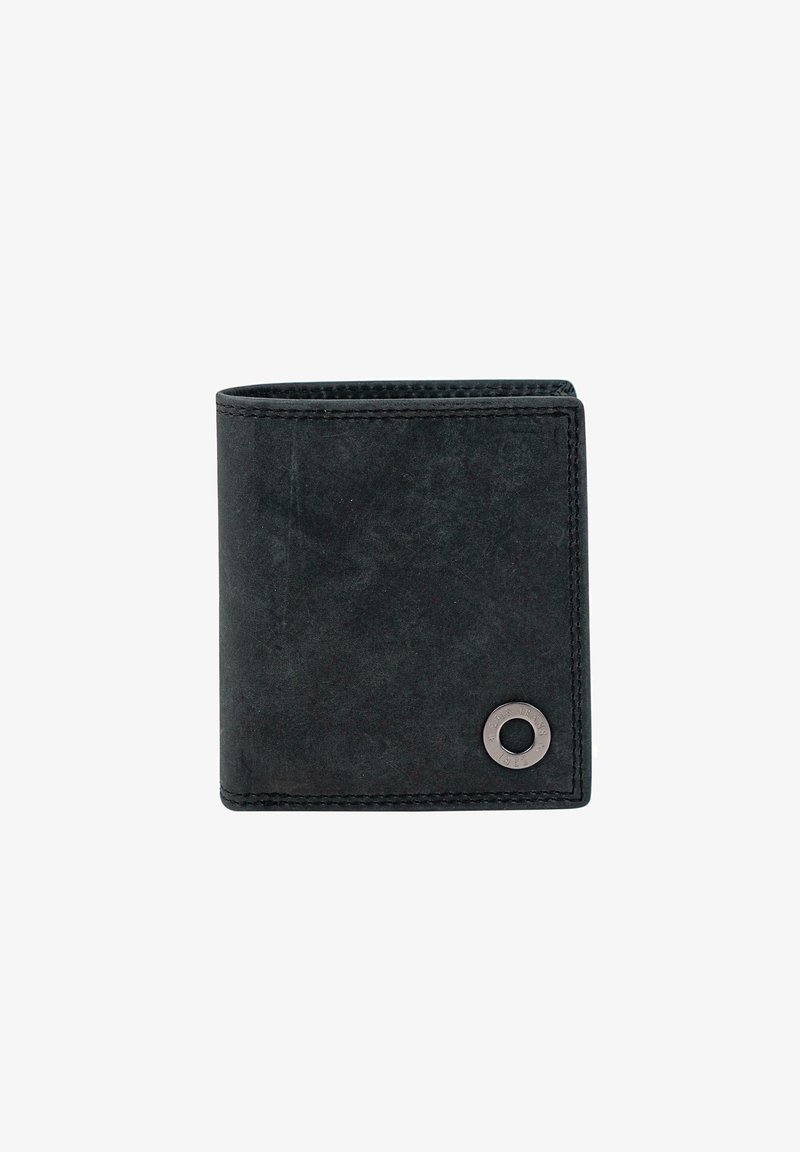Cartera de cuero negro con un acabado texturizado, que presenta un adorno metálico circular. Diseño plegable con costuras visibles a lo largo de los bordes.