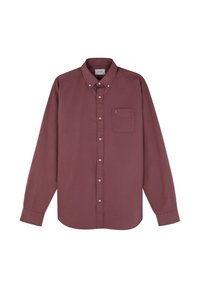 Camisa de manga larga burdeos con botones hecha de algodón, que presenta un bolsillo con logo, cuello abotonado y dobladillo recto.