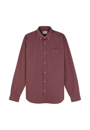 Camisa de manga larga burdeos con botones hecha de algodón, que presenta un bolsillo con logo, cuello abotonado y dobladillo recto.