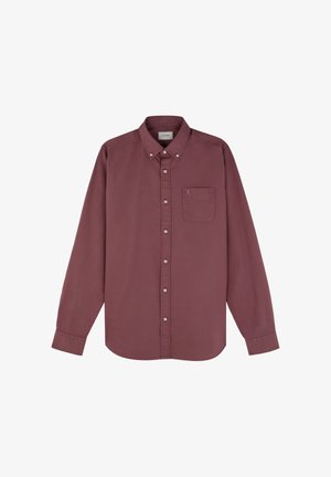 Burgunderfarbendes langärmliges Button-up-Hemd aus Baumwolle, mit einer Tasche mit Logo, Button-Down-Kragen und geradem Saum.