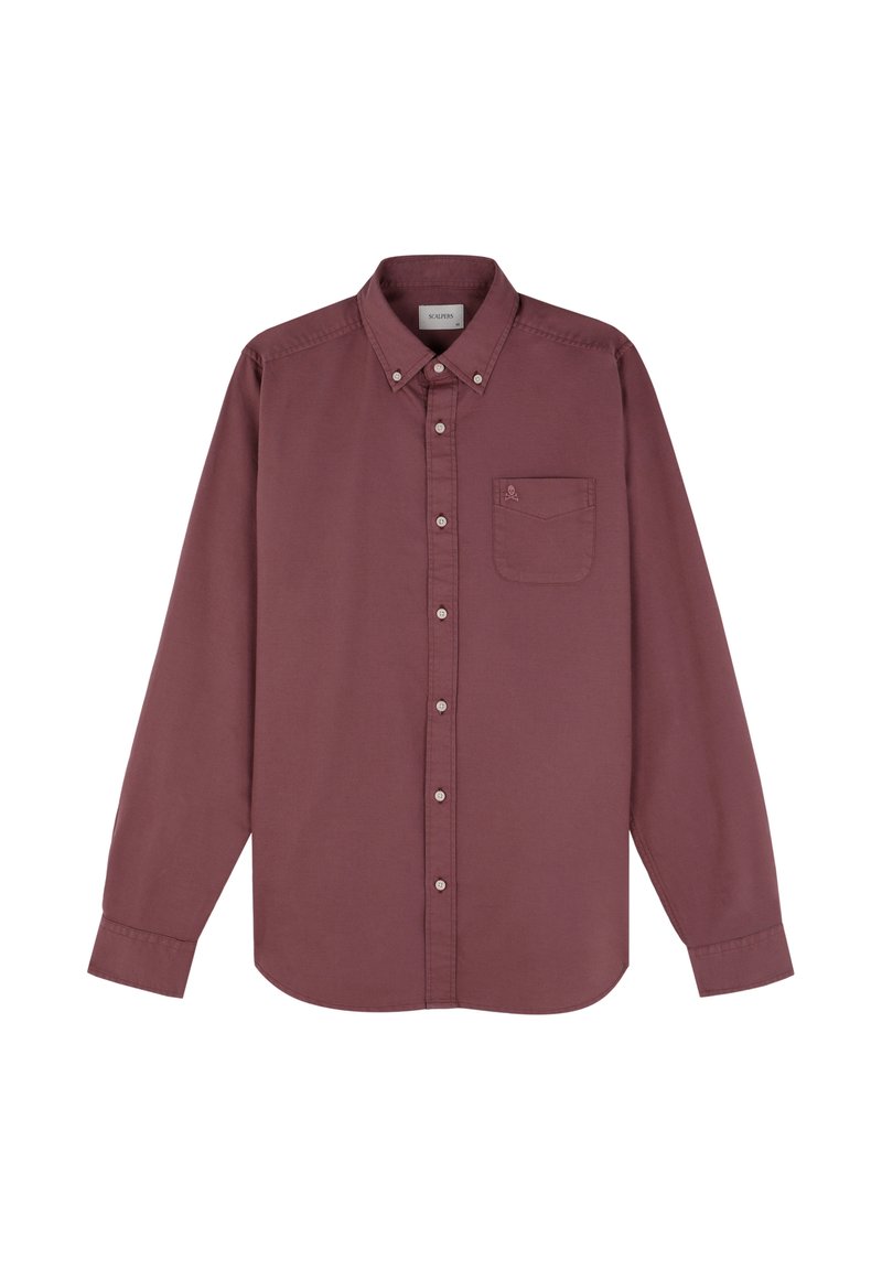 Camisa de manga larga burdeos con botones hecha de algodón, que presenta un bolsillo con logo, cuello abotonado y dobladillo recto.