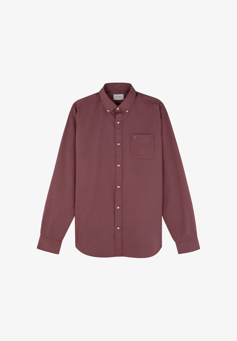 Chemise à manches longues bordeaux à boutons en coton, avec une poche avec logo, un col boutonné et un ourlet droit.