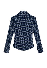 Navy blue long-sleeve shirt featuring a geometric diamond pattern in white and light blue, with a classic collar and buttoned cuffs.
