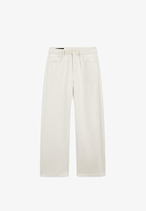 Off-white bukser med lige ben, foran lukning med knap og lynlås, bæltestropper og forlommer på hvid baggrund.