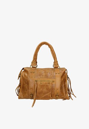 Borsa a mano in pelle color cuoio con due manici corti, tasca con zip, dettagli metallici e nappine decorative laterali. Texture morbida con una finitura leggermente stropicciata.