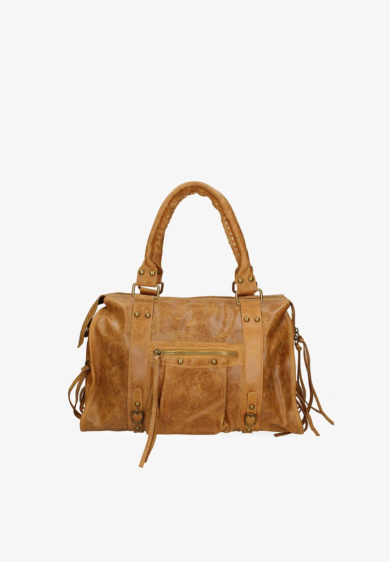 Tan leren handtas met twee korte handvatten, ritsvak, metalen accenten en decoratieve zijtassels. Zachte textuur met een licht gerimpelde afwerking.