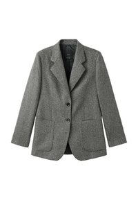 Blazer de mezcla de lana gris con solapa con muesca, dos bolsillos frontales de parche y cierre de un solo botón. Tejido texturizado con un diseño estructurado.
