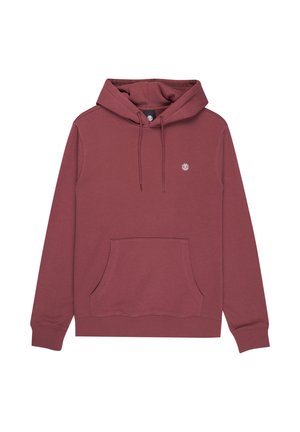 Vinrød hættetrøje med kængurulomme, snøre i hætten, ribkant ved ærmer og kant samt et lille logo på brystet. Blød stoftekstur.