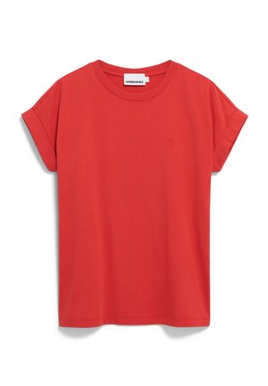 Red short-sleeve T-shirt made of cotton, featuring a round neck and a small, embossed logo on the left chest area. Smooth texture.