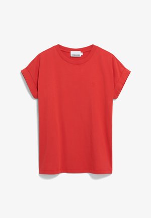 Rotes T-Shirt mit kurzen Ärmeln, aus Baumwolle, mit Rundhalsausschnitt und kleinem, erhabenem Logo auf der linken Brustseite. Glatte Textur.