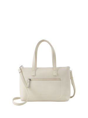 Sac à main en cuir couleur crème avec deux anses, une bandoulière amovible et une poche zippée à l'avant.