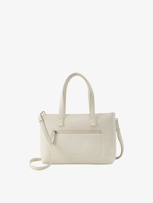 Cream-colored leather handbag with two handles, a detachable shoulder strap, and a front zippered pocket.