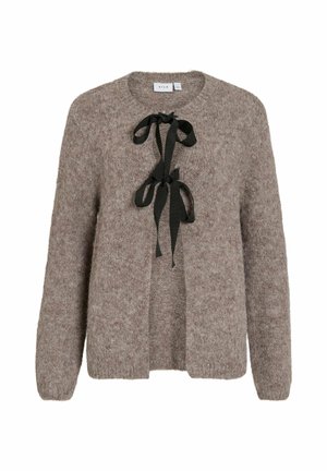 Ljusbrun, stickad cardigan med texturerad yta, öppen front, lång ärm, med en framknutning av svart satinband.