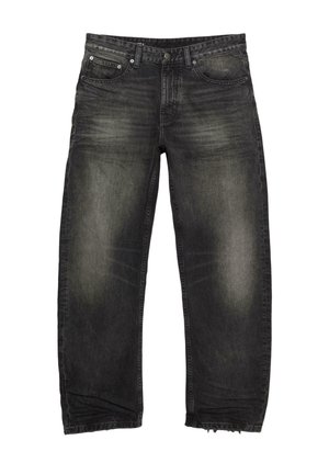 Sorte denimjeans med løs pasform, der har falmede områder, lynlås, fem lommer og frynset kant.