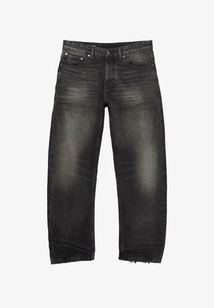 Black denim jeans with a loose fit, featuring faded areas, a zip fly, five pockets, and frayed hems.