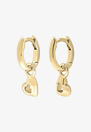 Guld hoop øreringe med et hjertecharme, poleret finish og et tekstureret design på hjertet, hænge ved en glat kæde.